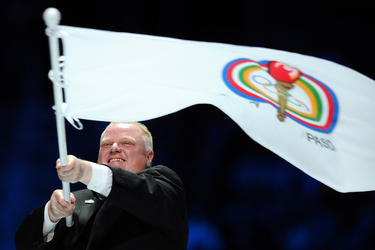 Toronto Mayor Rob Ford drills two soccer shots — against youth goalie