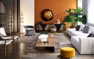 a living room with an orange wall, a large plant in a corner, and a sculpture on the wall that looks like a deflated balloon