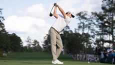 Nicolai Hojgaard at the top of his backswing on a drive at the 2025 Masters