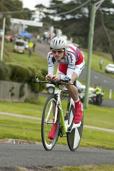 Phillip Mundy (Team SASI Cycling) heads out of Portarlington in his 20km ride against the clock.