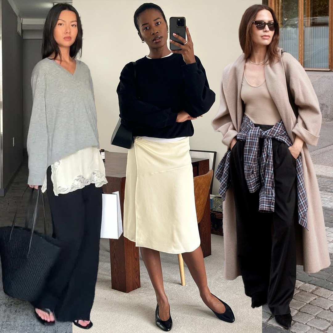 fashion collage of three style influencers including Mimi Nguyen, Marilyn Nwawulor-Kazemaks, and Johanna Piispa wearing chic fall outfits with layered lace-hem tops, sweaters, plaid shirt, camel coat, flip-flops, flats, and more