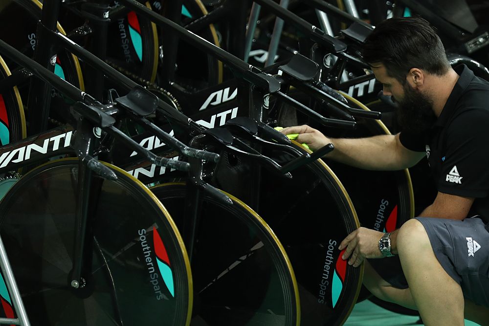 Avanti bikes are prepared for the Men's Team Sprint Track Cycling Qualifying on Day 6 of the 2016 Rio Olympics