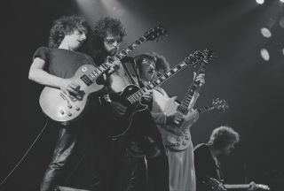 (from left): Blue Öyster Cult’s Allen Lanier, Eric Bloom, Dharma, and Joe and Albert Bouchard, performing live on July 30, 1976