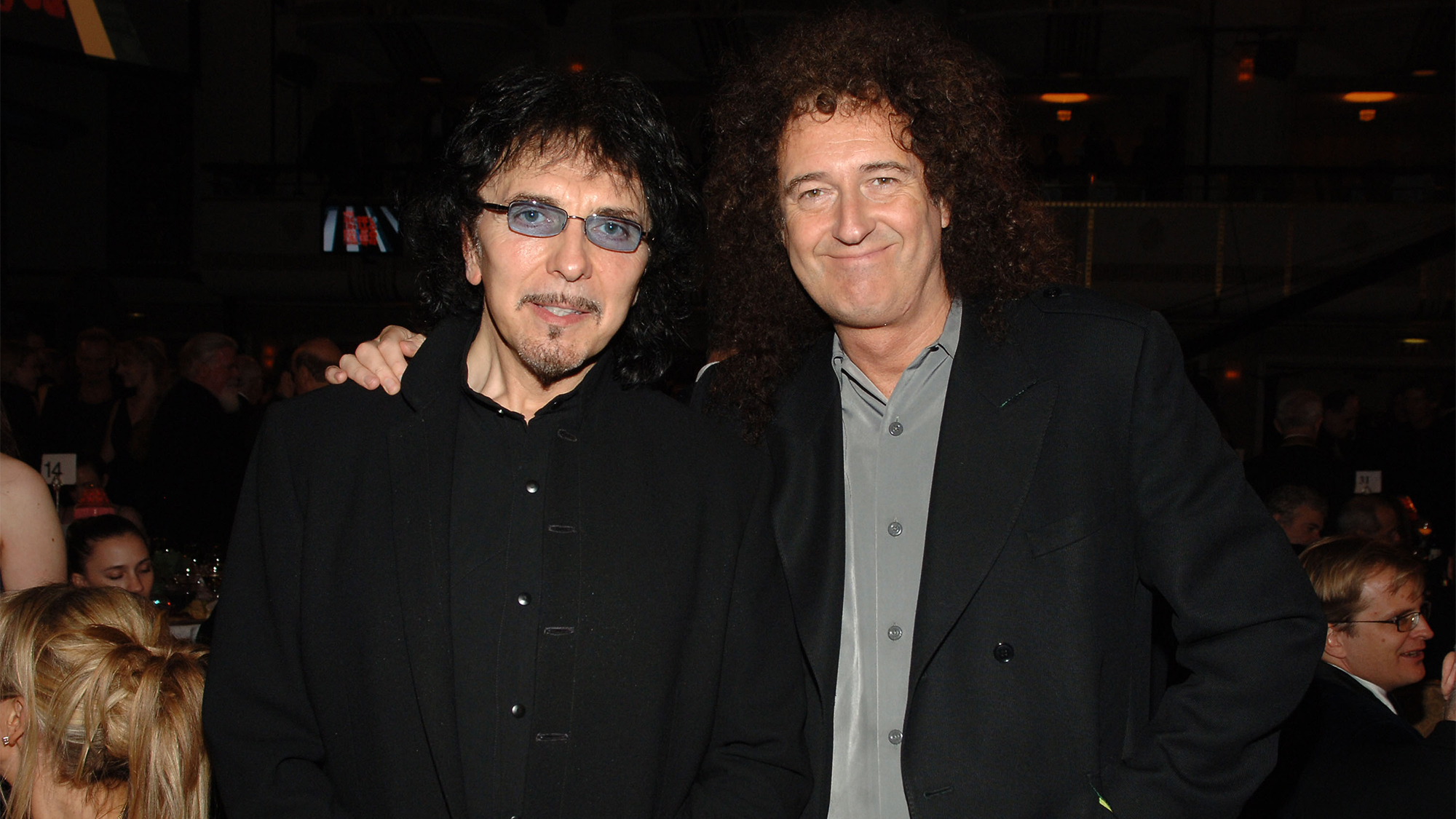 Tony Iommi of Black Sabbath, inductee, and Brian May of Queen at the 21st Annual Rock and Roll Hall of Fame Induction Ceremony - Cocktails and Dinner, March 13, 2006