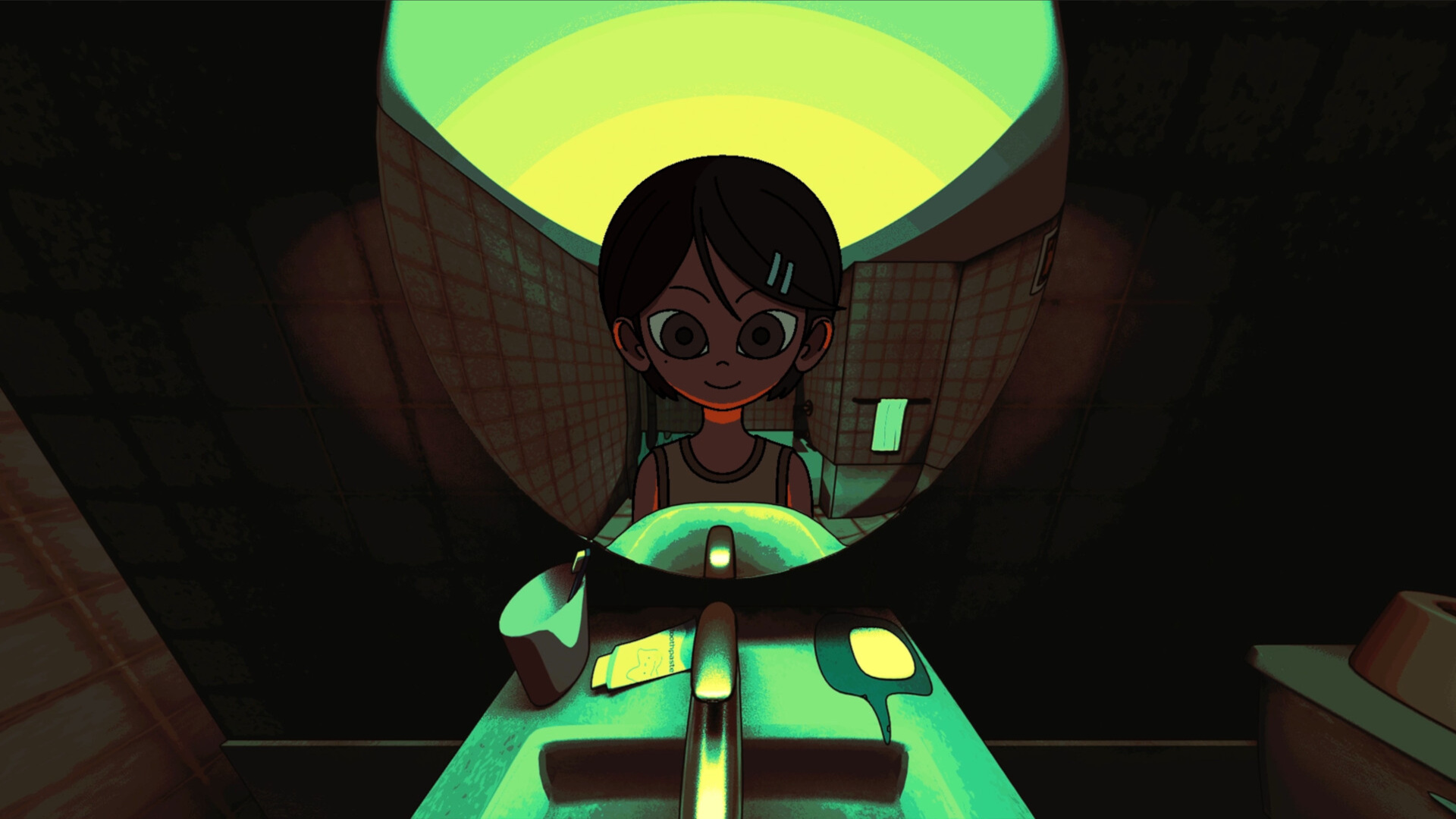 A girl stars ominously into a mirror in a basement in psychological horror game, Am I Nima