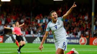 England's forward Jodie Taylor reacts after scoring a goal during the UEFA Women's Euro 2017 tournament quarter-final football match between England and France at Stadium De Adelaarshorst in Deventer, on July 30, 2017.