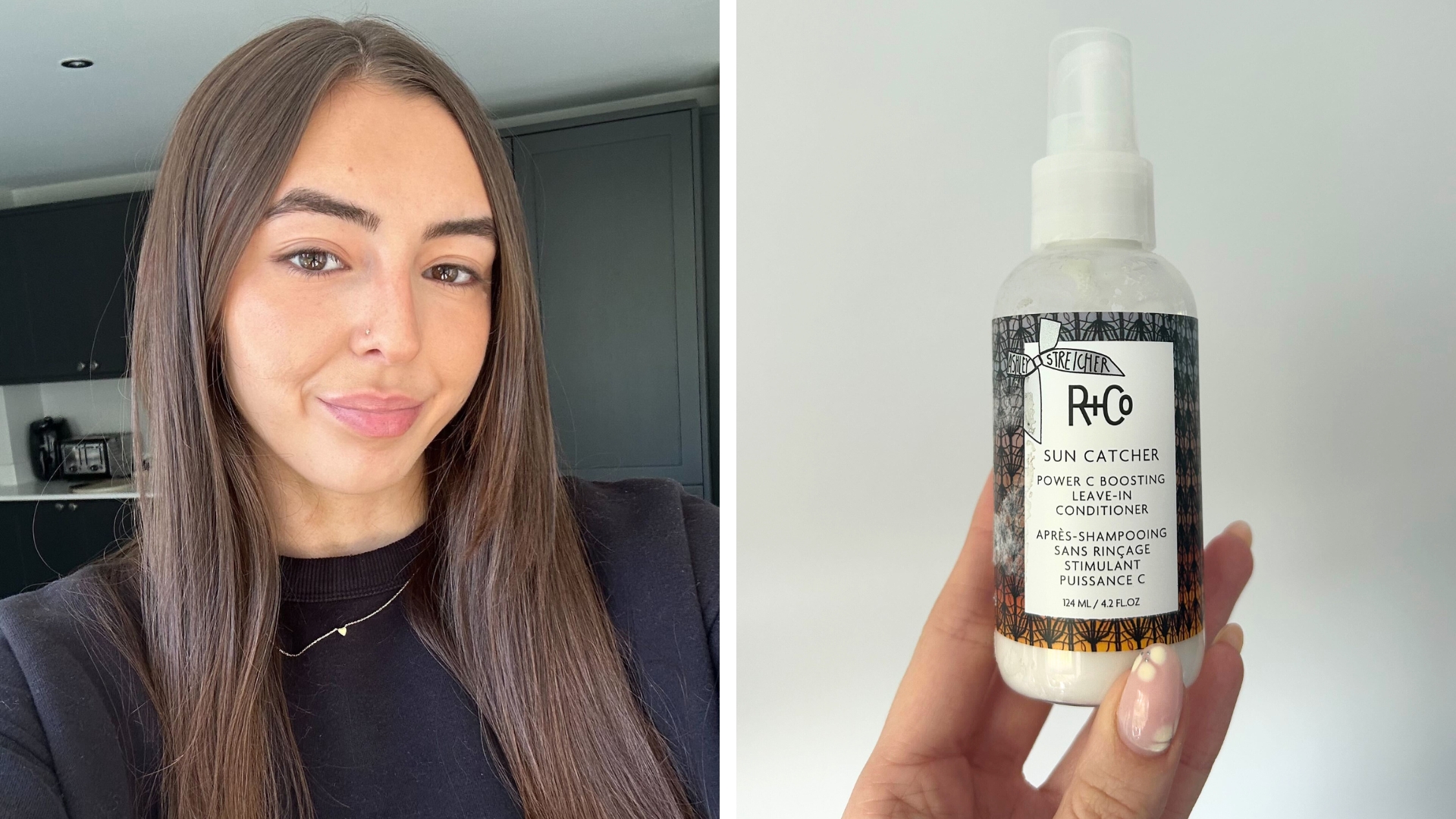 Collage of images with picture on the left of Digital Beauty Writer, Sennen after applying the R+Co Sun Catcher Leave-In Conditioner, on the right hand holding R+Co Leave In Conditioner