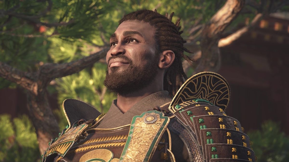 Assassin&#039;s Creed Shadows change seasons - An upper-body shot of Yasuke looking cheerfully up into the distance.