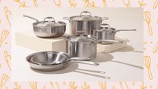 The Made In 10-piece Stainless Steel Pan Set on a woman&home background