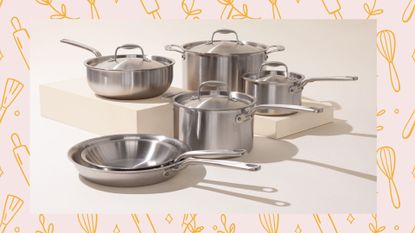 The Made In 10-piece Stainless Steel Pan Set on a woman&amp;home background