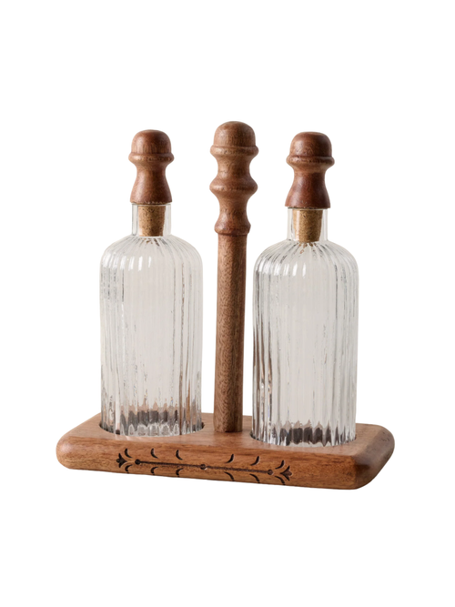 Antiqued Wood Ribbed Glass Oil & Vinegar Set