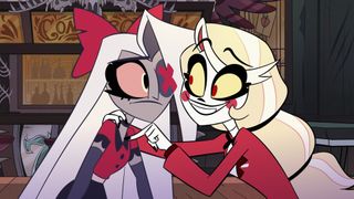 Vaggie and Charlie look at each other close up in Prime Video's Hazbin Hotel