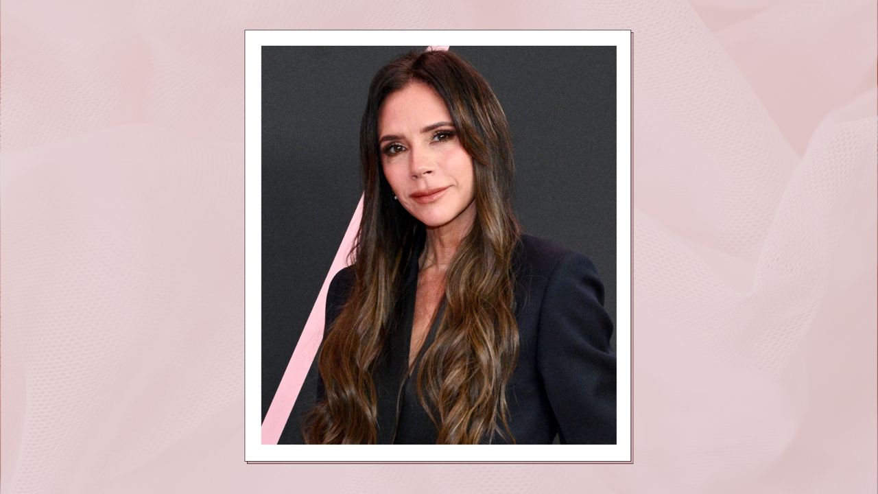 Victoria Beckham is pictured with a smokey eye makeup look at the premiere of &quot;Lola&quot; held at the Regency Bruin Theatre on February 3, 2024 in Los Angeles, California/ in a muted pink, textured template