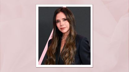 Victoria Beckham is pictured with a smokey eye makeup look at the premiere of "Lola" held at the Regency Bruin Theatre on February 3, 2024 in Los Angeles, California/ in a muted pink, textured template