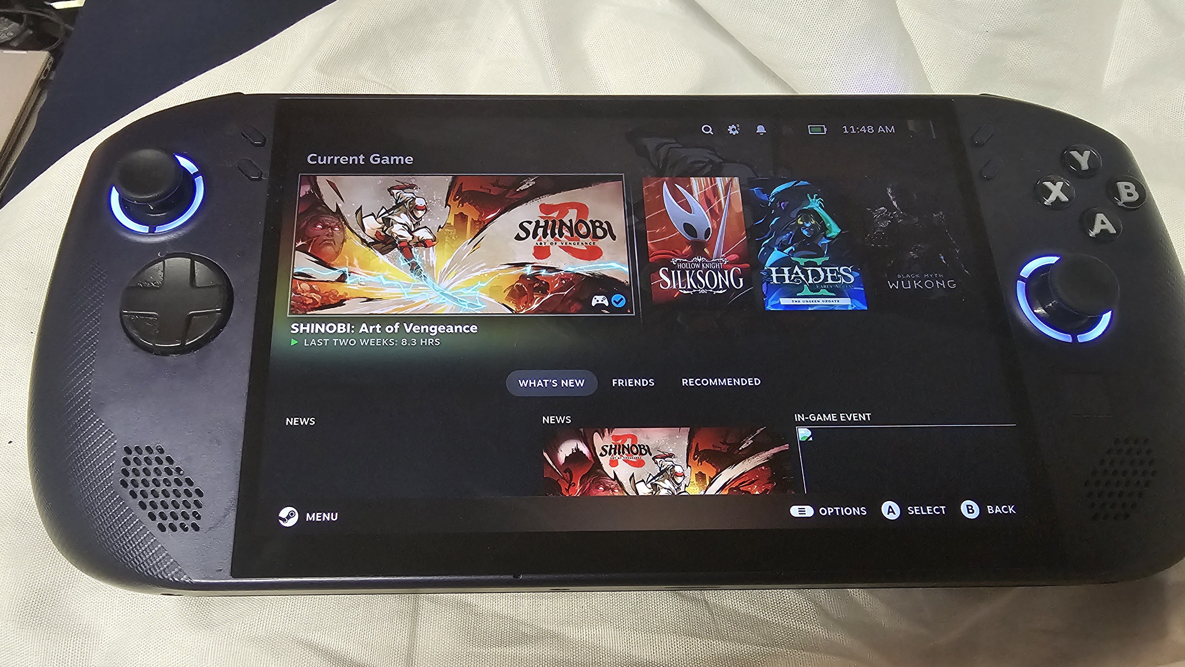 A Lenovo Legion Go S (SteamOS) open to the Steam interface