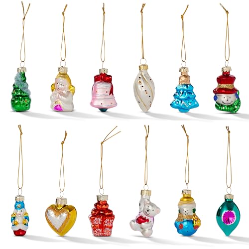 The Twiddlers - 12 Pieces Christmas Mini Glass Baubles in Assorted Colorful Festive Traditional Vintage Designs for Xmas Tree Hanging Ornaments and Party Decorations - 4cm
