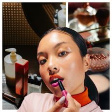 collage of beauty products on a desk with a girl applying lipstick
