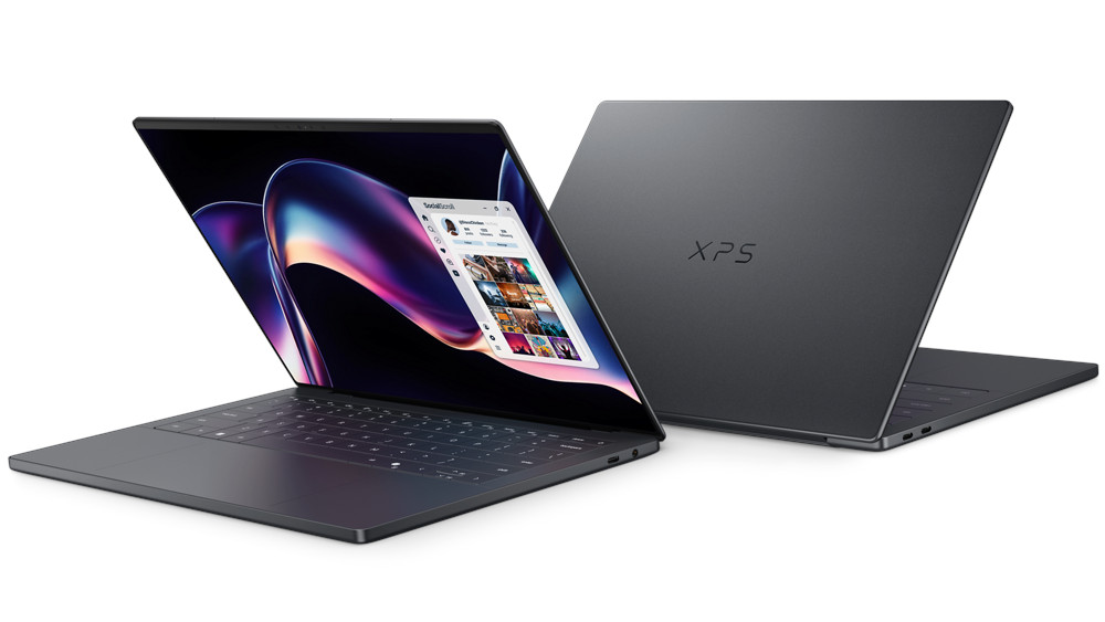 Two Dell XPS 14 laptops shown facing front and facing back