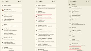 The reset options in the Pixel settings app.