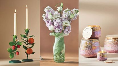 A three-panel image of products in the Anthropologie spring collection