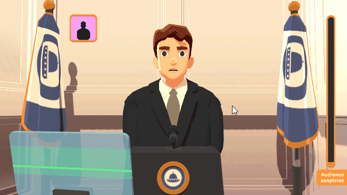 Generic caucasian american president character standing at podium with tentacles emerging behind him