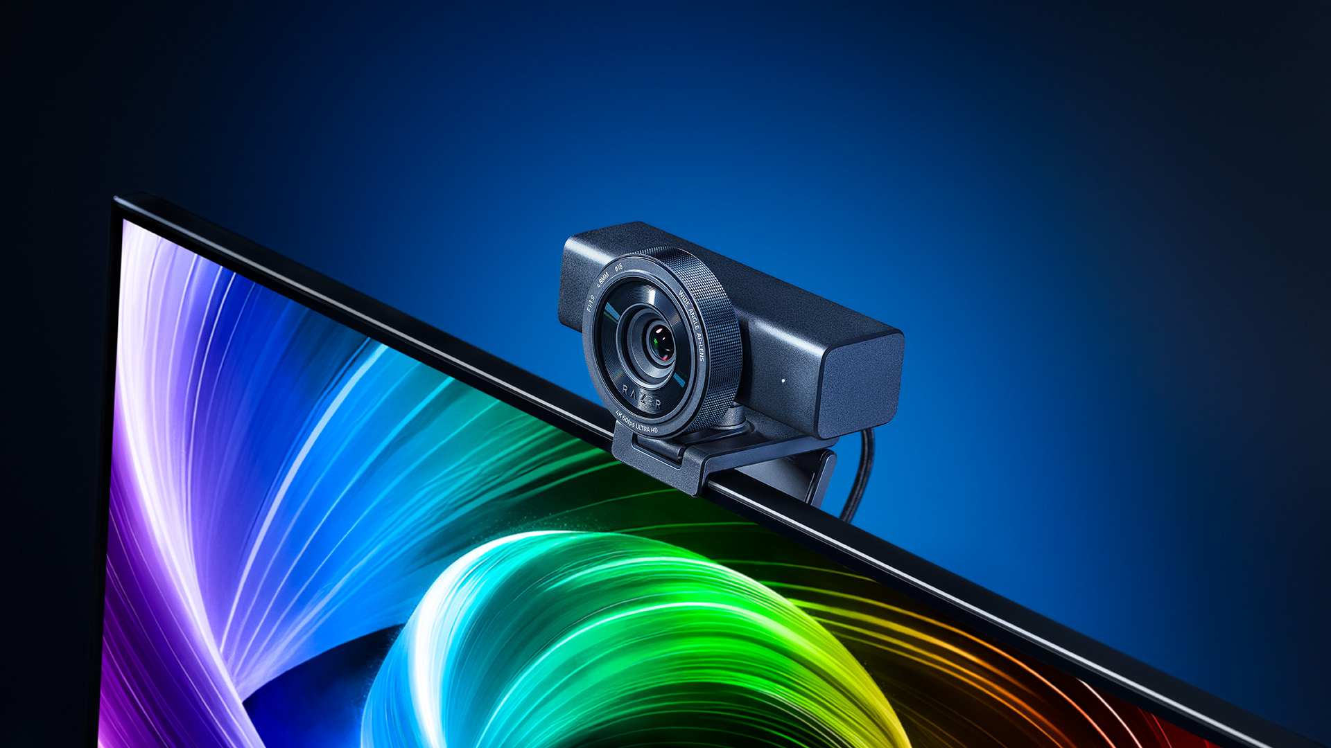 A Razer Kiyo V2 Pro reveal image of the webcam sitting atop a gaming monitor