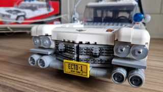 Closeup of the Lego Ghostbusters ECTO-1