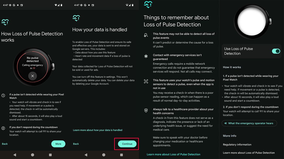 Screenshots of setting up Loss of Pulse Detection on Google Pixel Watch 3