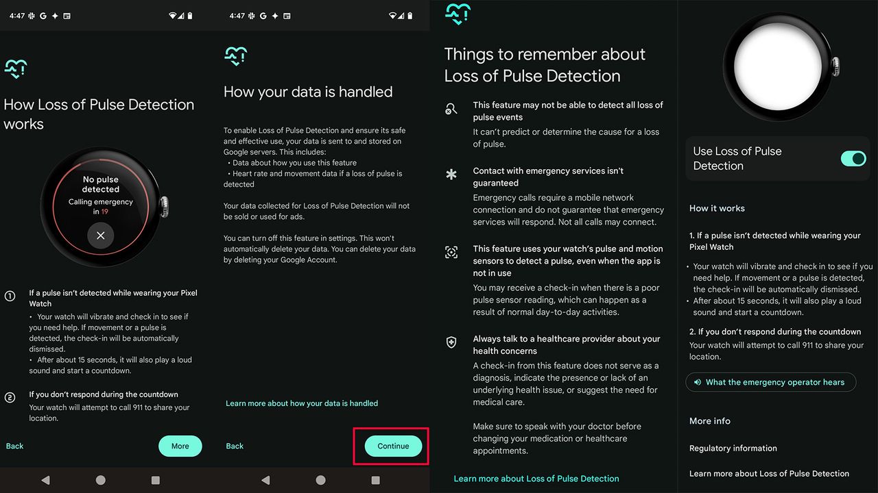 Screenshots of setting up Loss of Pulse Detection on Google Pixel Watch 3
