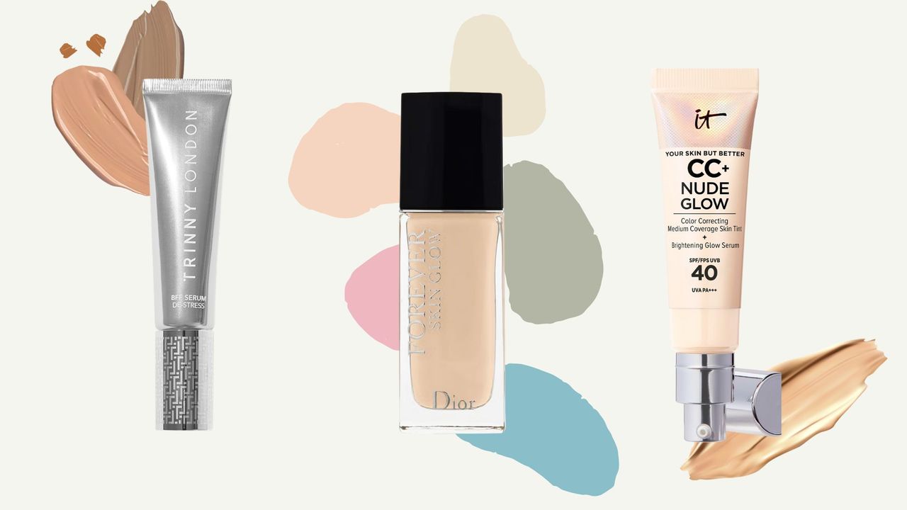three bottles of lightweight foundation, Trinny London BFF De-Stress, Dior Forever Skin Glow and IT cosmetics CC Nude Glow, pictured with some swatches of foundation in various shades