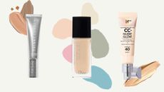 three bottles of lightweight foundation, Trinny London BFF De-Stress, Dior Forever Skin Glow and IT cosmetics CC Nude Glow, pictured with some swatches of foundation in various shades