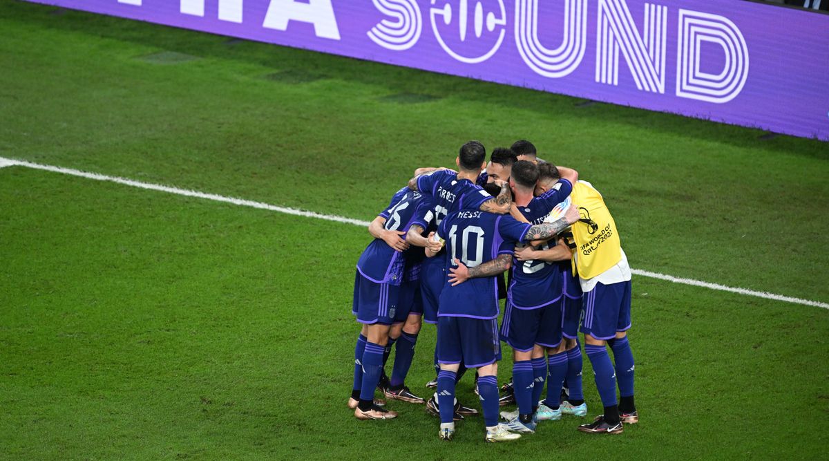 Argentina&#039;s players celebrate after their second goal against Poland at the FIFA World Cup 2022 in Qatar on 30 November, 2022.