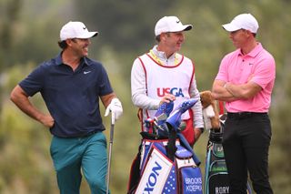 Brooks Koepka and Rory McIlroy chat during the 2023 US Open