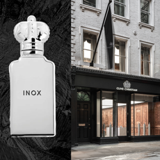 An image of the clive christian flagship store as well as a bottle of the brand's fragrance, Inox.