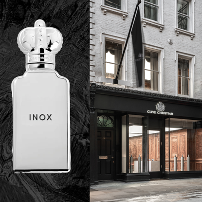 An image of the clive christian flagship store as well as a bottle of the brand's fragrance, Inox.