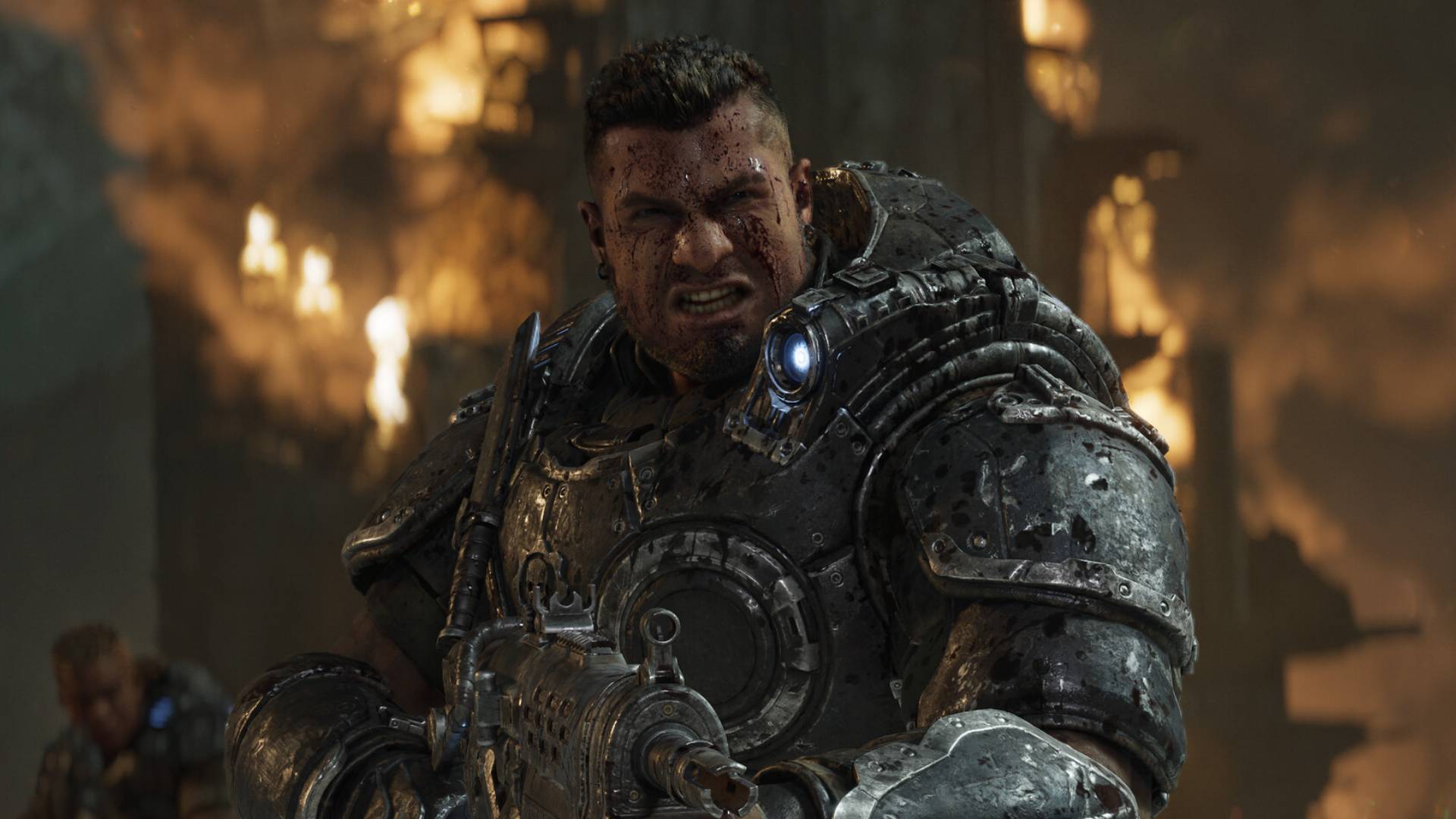 Gears of War: E-Day screenshot shows a man grimacing.