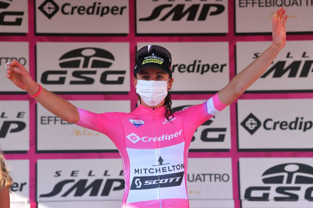 ASSISI ITALY SEPTEMBER 13 Podium Annemiek Van Vleuten of The Netherlands and Team Mitchelton Scott Pink Leader Jersey Celebration during the 31st Giro dItalia Internazionale Femminile 2020 Stage 3 a 1422km stage from Santa Fiora to Assisi 413m GiroRosaIccrea GiroRosa on September 13 2020 in Assisi Italy Photo by Luc ClaessenGetty Images