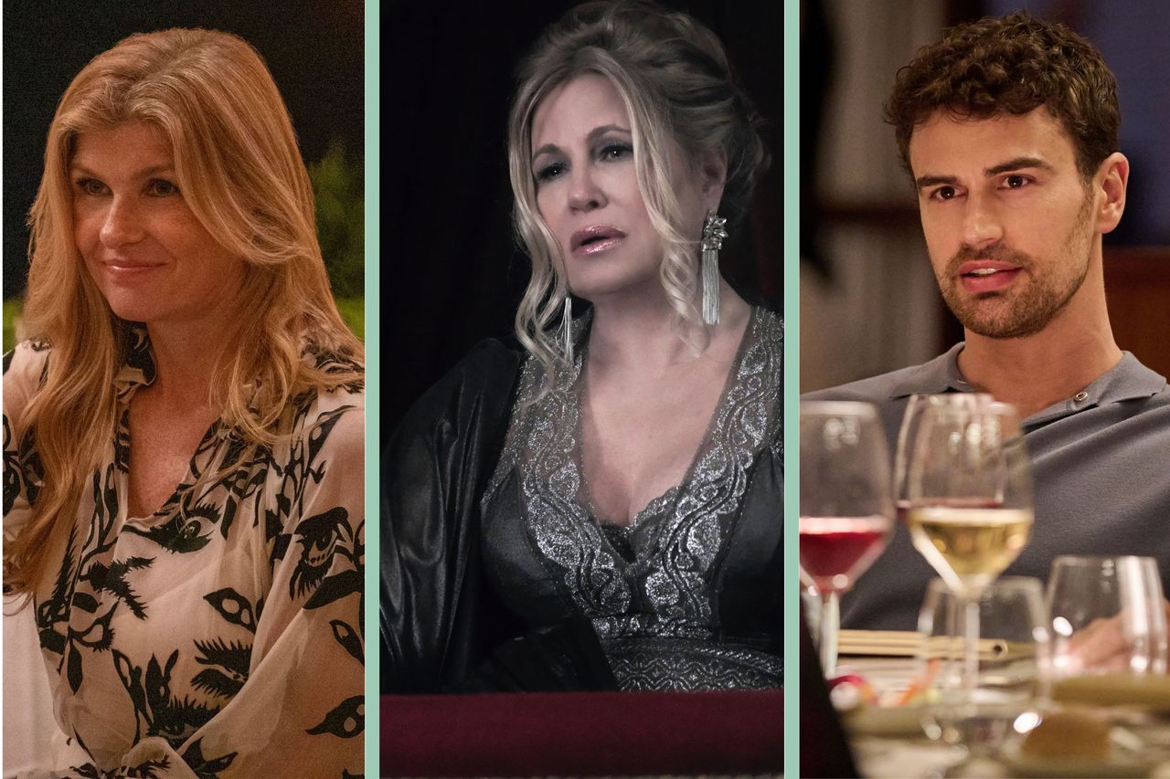 a collage showing three The White Lotus cast members Theo James, Jennifer Coolidge and Connie Britton