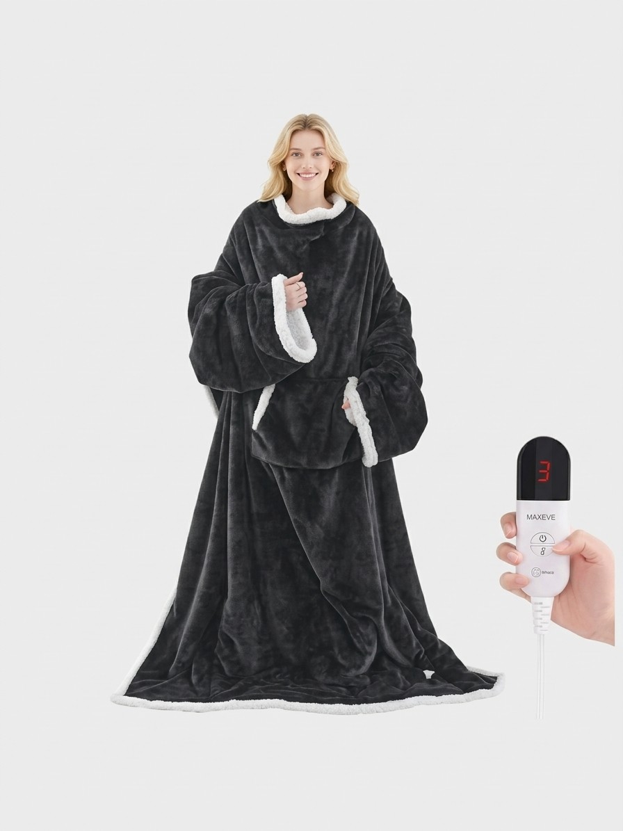A model wearing a Maxeve electric heated wearable blanket