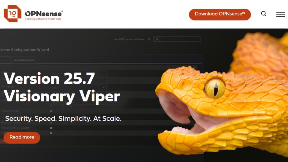 OPNsense website screenshot (August 2025).