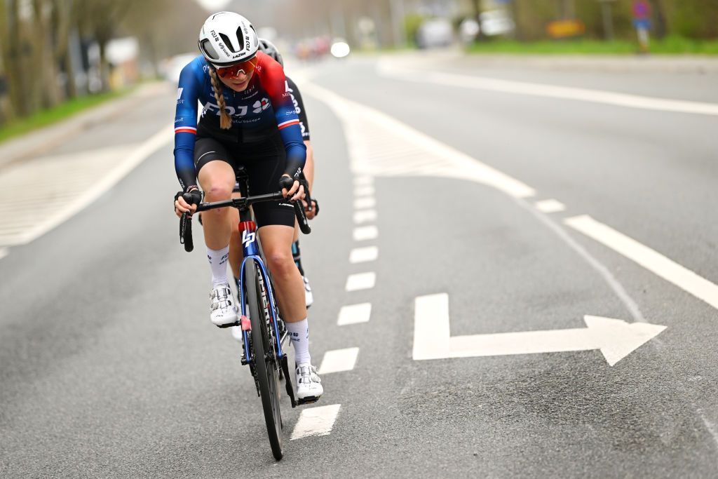 WAREGEM BELGIUM MARCH 29 Evita Muzic of France and Team FDJSuez attacks in the chase group during the 11th Dwars door Vlaanderen 2023 Womens Elite a 1149km ine day race from Waregem to Waregem DDV23 on March 29 2023 in Waregem Belgium Photo by Luc ClaessenGetty Images