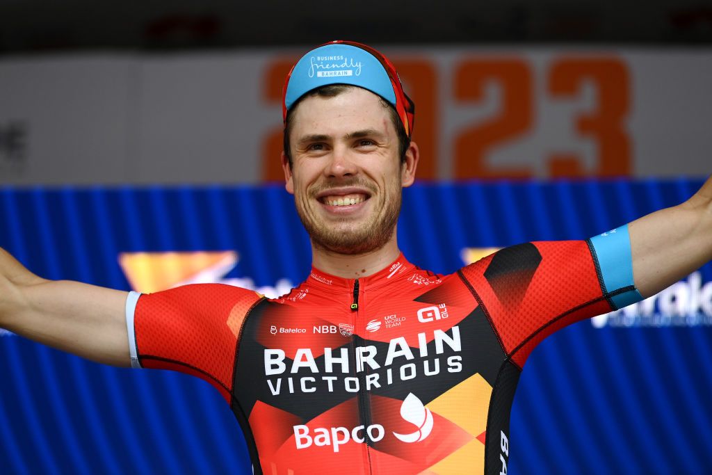 TANUDAZ AUSTRALIA JANUARY 18 Phil Bauhaus of Germany and Team Bahrain Victorious celebrates at podium as stage winner during the 23rd Santos Tour Down Under 2023 Stage 1 a 1499km stage from Tanunda to Tanunda on January 18 2023 in Tanunda Australia Photo by Tim de WaeleGetty Images