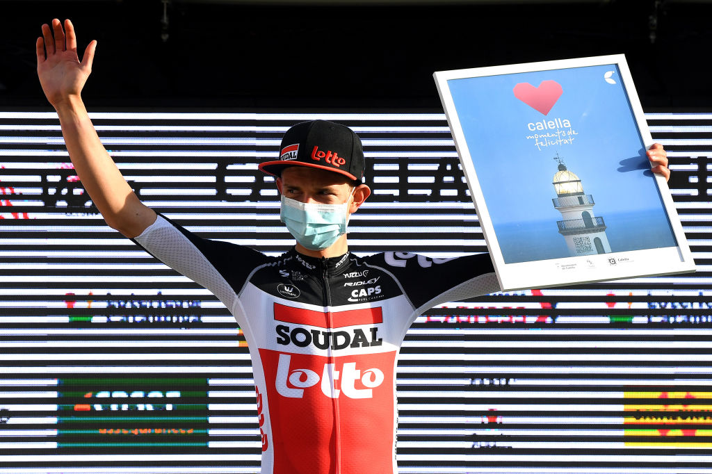 CALELLA SPAIN MARCH 22 Podium Andreas Lorentz Kron of Denmark and Team Lotto Soudal Celebration during the 100th Volta Ciclista a Catalunya 2021 Stage 1 a 1784km stage from Calella to Calella Mask Covid safety measures VoltaCatalunya100 on March 22 2021 in Calella Spain Photo by David RamosGetty Images