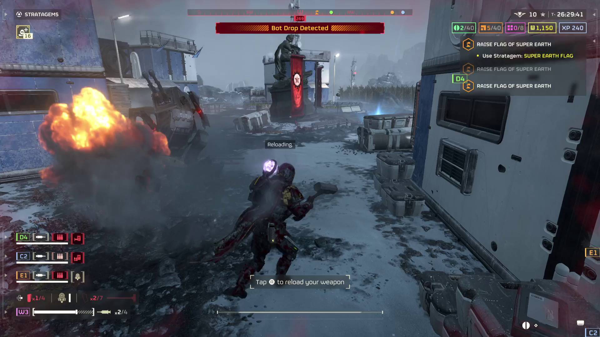 Helldivers 2 Siege Breakers warbond helldiver reloading Breaching hammer after exploding automaton scout strider