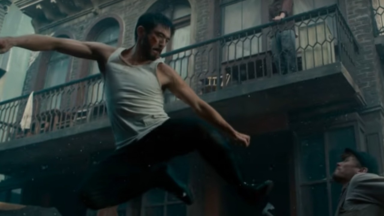 Andrew Koji doing a jump kick in Warrior