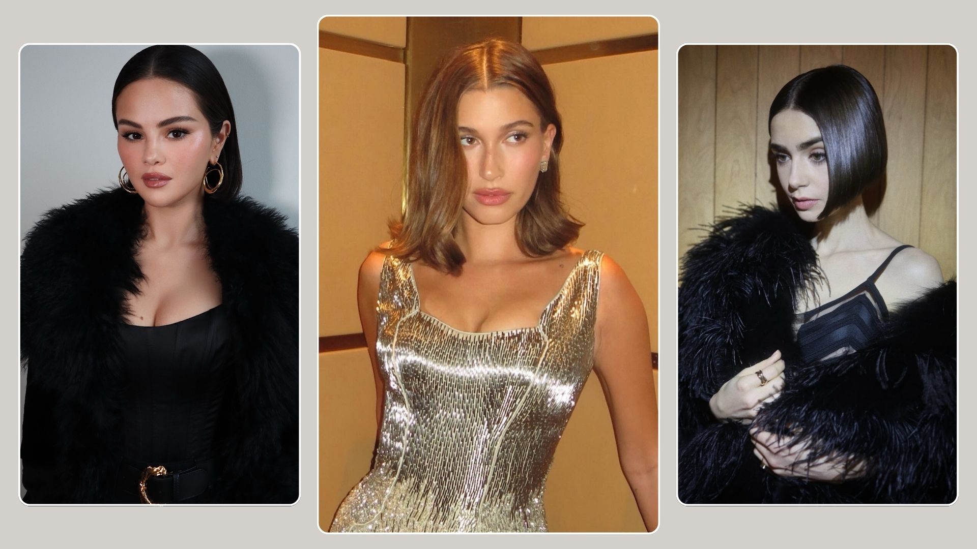 A collage with Selena Gomez, Hailey Bieber and Lily Collins with gloss bobs haircuts