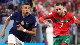 Kylian Mbappé of France and Hakim Ziyech of Morocco at the FIFA World Cup 2022