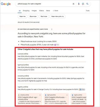 Página de Google con IA enlazando a resultados de estafa