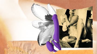 collage featuring a purple dildo