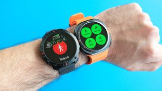 Polar Grit X2 Pro and Samsung Galaxy Watch Ultra close-up photo on a user's wrist against a bright blue background